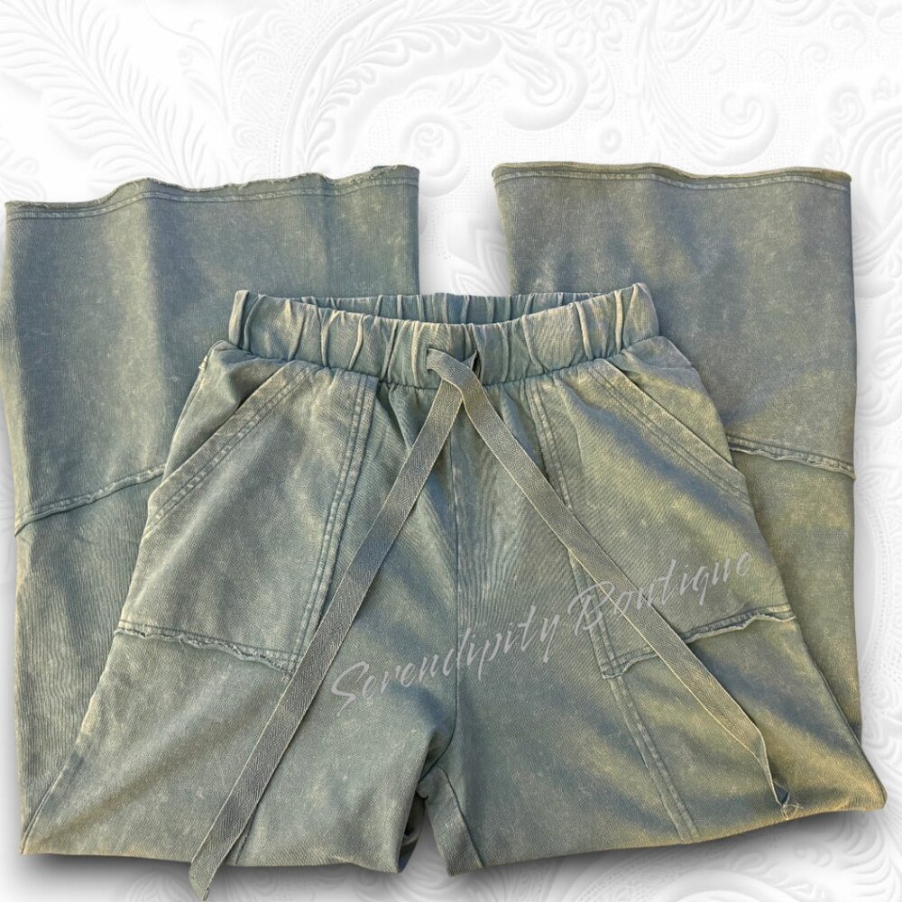 Zenana Bell Bottom Acid Blue Flare Leg Lightweight Elastic Waist Lounge Pants - Picture 6 of 9